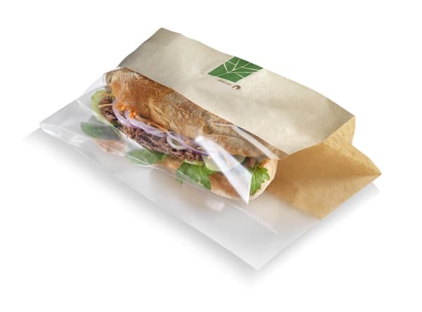 Sandwichpose 230x140x30 mm Papir/PLA Brun/Klar,500 stk/krt