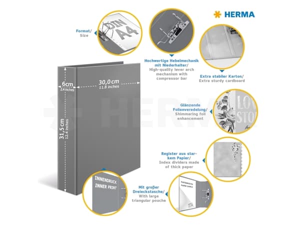 HERMA 15410, A4, D-ring, Presentasjon, Kartong, Rosa, 6 cm
