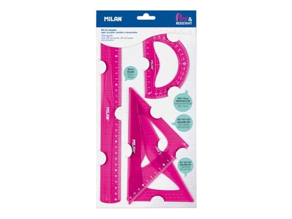 Milan Flex & Resistant Acid, Protractor, Linjal, Triangel, 4 styck, Rosa, 45° & 60°, Halvcirkel, 108 g