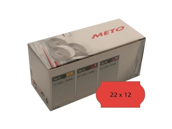 Etiket Meto 22x12mm neon rød permanent lim 2 1500stk/rul - (7 stk.)