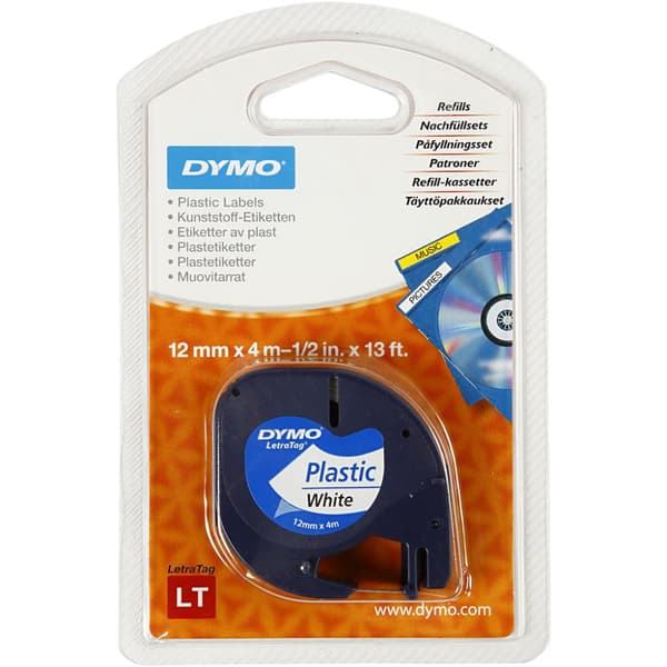 Dymo plasttejp - B: 12 mm - 4 m - Vit