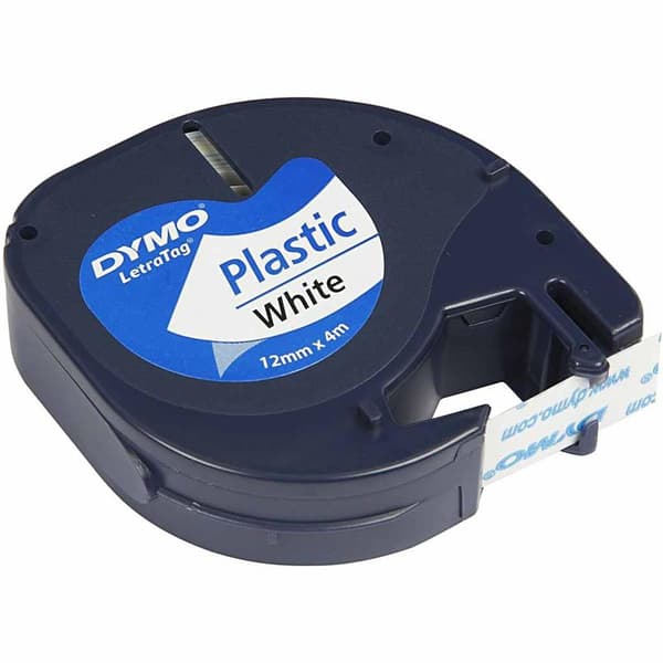Dymo plasttejp - B: 12 mm - 4 m - Vit