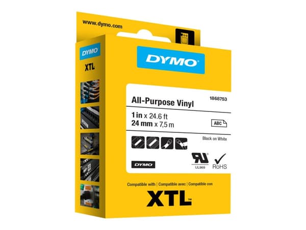 DYMO XTL All-Purpose - Vinyl - permanent häftning - svart på vitt - Rulle (2,4 cm x 7 m) 1 kassett(er) tejp