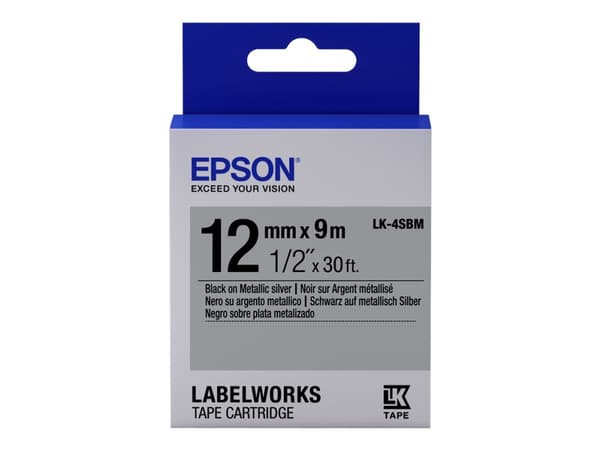 Epson LabelWorks LK-4SBM - Svart på metallisk silver - Rulle (1,2 cm x 9 m) 1 kassett(er) etiketttejp - för LabelWorks LW-1000, 300, 400, 600, 700, 9