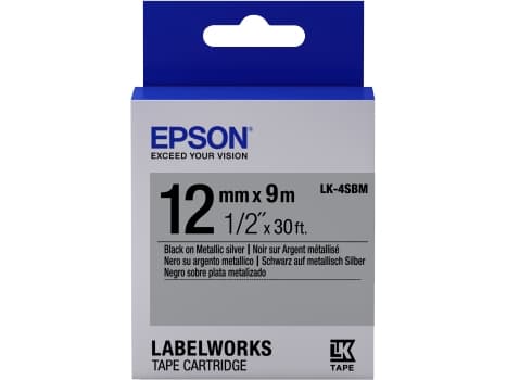 Epson LabelWorks LK-4SBM - Svart på metallisk silver - Rulle (1,2 cm x 9 m) 1 kassett(er) etiketttejp - för LabelWorks LW-1000, 300, 400, 600, 700, 9