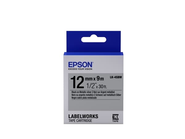 Epson LabelWorks LK-4SBM - Svart på metallisk silver - Rulle (1,2 cm x 9 m) 1 kassett(er) etiketttejp - för LabelWorks LW-1000, 300, 400, 600, 700, 9