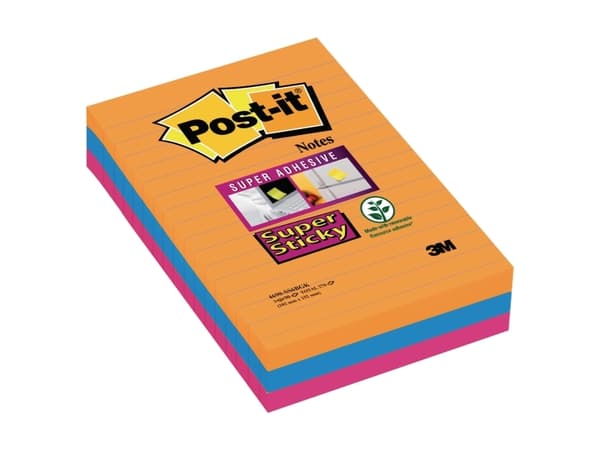 Post-it® Super Sticky Notes Boost, 3 linjerede blokke, 101 mm x 152 mm