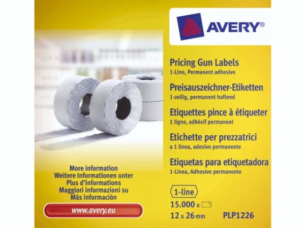 Prisetiket Avery PLP1226 hvid 26x12 mm permanent klæbende - (15.000 etiketter)