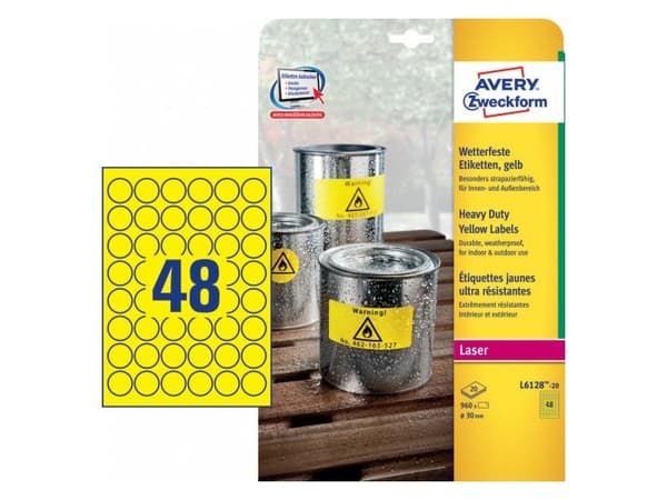 Avery Zweckform L6128-20, Gult, Sirkel, A4, Polyester, Laser, -20 - 80 °C
