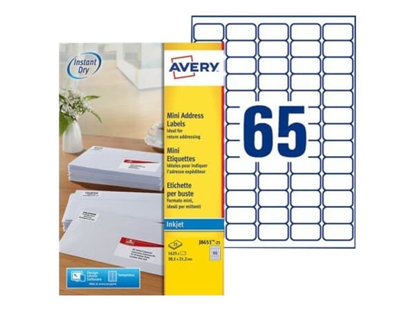 Avery J8651-25, Valkoinen, Mustesuihku, 38.1 x 21.2 mm, 25 arkkia, A4
