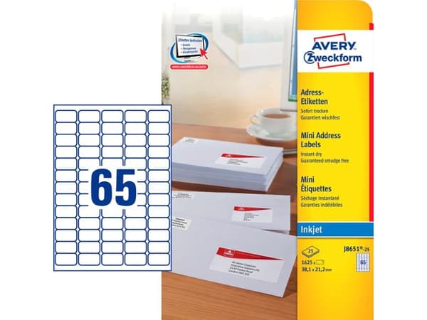 Adresseetiketter, Avery J8651-25, 38,1 x 21,2 mm, 65 pr. ark, 25 ark