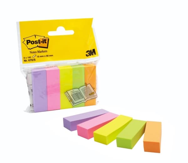 Indexfaner Post-it® 15x50 mm neon farver (5x100 stk.)