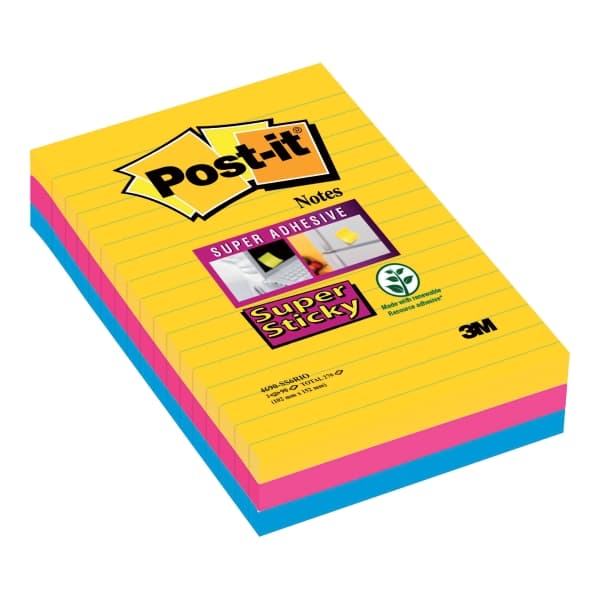Post-It 7100234250, firkant, Blå, Rosa, Gult, Papir, 101 mm, 152 mm, 90 ark