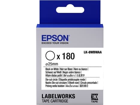 Epson LabelWorks LK-8WBWAA - Svart på hvitt - 25-mm rund 180 etikett(er) (1 rull(er) x 180) utstansede runde etiketter - for LabelWorks LW-1000, LW-3