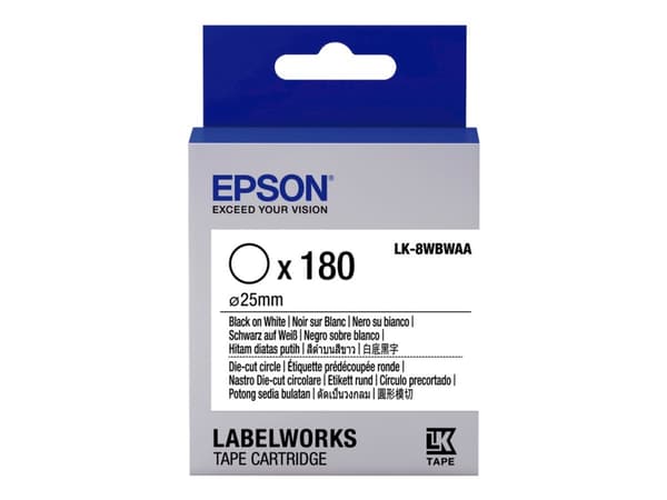 Epson LabelWorks LK-8WBWAA - Svart på hvitt - 25-mm rund 180 etikett(er) (1 rull(er) x 180) utstansede runde etiketter - for LabelWorks LW-1000, LW-3