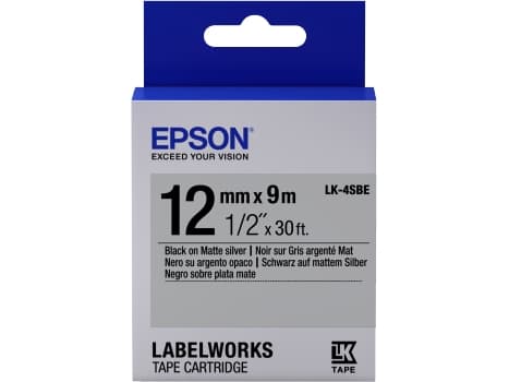 Epson LabelWorks LK-4SBE - Svart på matt sølv - Rull (1,2 cm x 2,9 m) 1 kassett(er) merketape - for LabelWorks LW-1000, 300, 400, 600, 700, 900, K400