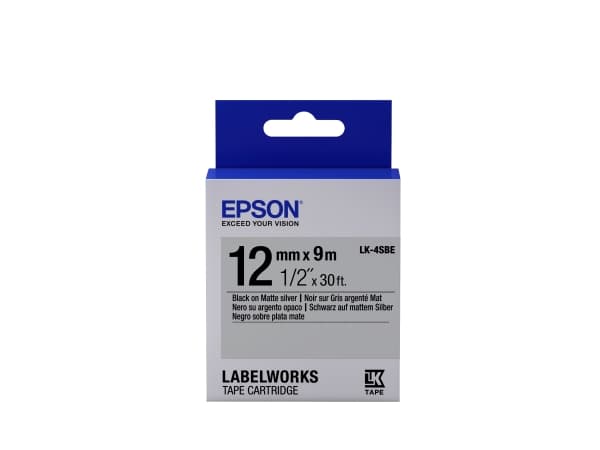 Epson LabelWorks LK-4SBE - Svart på matt sølv - Rull (1,2 cm x 2,9 m) 1 kassett(er) merketape - for LabelWorks LW-1000, 300, 400, 600, 700, 900, K400