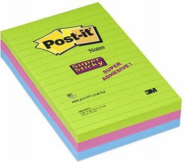 Post-it® Super Sticky Large Notes, regnbuefarver, 3 linj. blokke, 101mm x 152mm