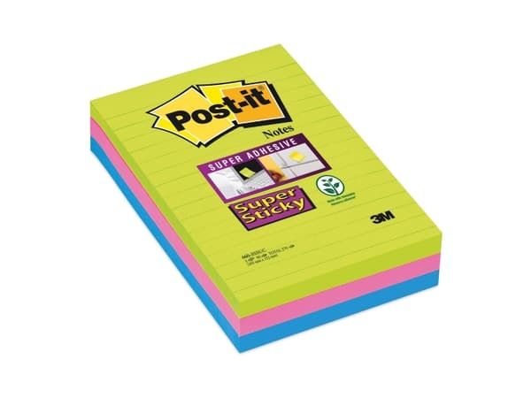 Post-it® Super Sticky Large Notes, regnbuefarver, 3 linj. blokke, 101mm x 152mm