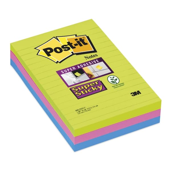 Post-it® Super Sticky Large Notes, regnbuefarver, 3 linj. blokke, 101mm x 152mm