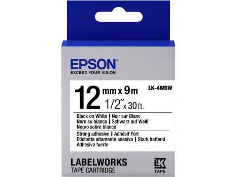 Epson LabelWorks LK-4WBW - Stark häftning - svart på vitt - Rulle (1,2 cm x 9 m) 1 kassett(er) etiketttejp - för LabelWorks LW-1000, 300, 400, 600, 7