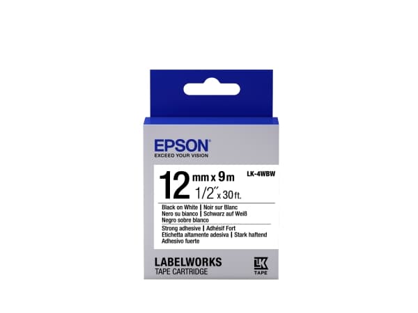 Epson LabelWorks LK-4WBW - Stark häftning - svart på vitt - Rulle (1,2 cm x 9 m) 1 kassett(er) etiketttejp - för LabelWorks LW-1000, 300, 400, 600, 7