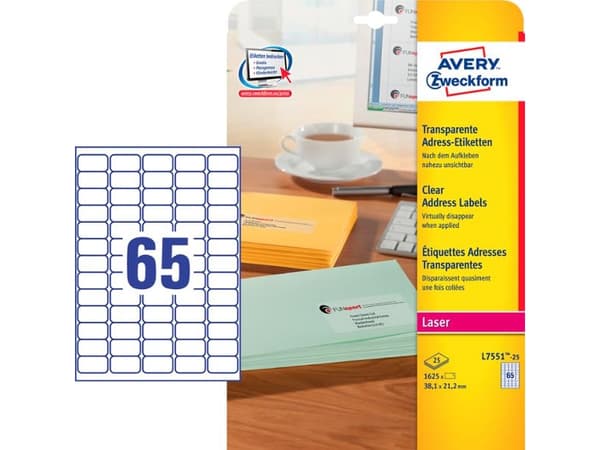 Etiketter Avery L7551 transparent 38,1x21,2 (låda med 1625 st.)
