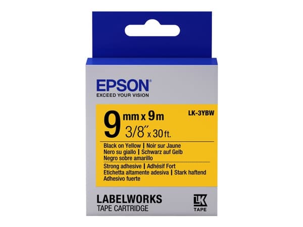 Epson LabelWorks LK-3YBW - Sterkt adhesiv - svart på gult - Rull (9 cm x 9 m) 1 kassett(er) merketape - for LabelWorks LW-1000, 300, 400, 600, 700, 9