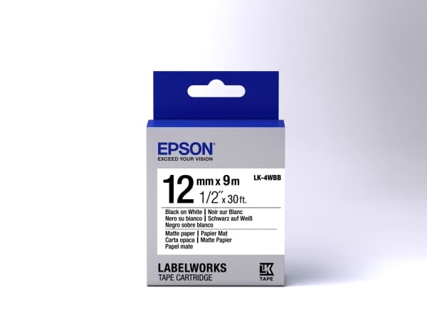 Epson LabelWorks LK-4WBB - Svart på matt vit - Rulle (1,2 cm x 9 m) 1 kassett(er) etiketttejp - för LabelWorks LW-1000, 300, 400, 600, 700, 900, K400