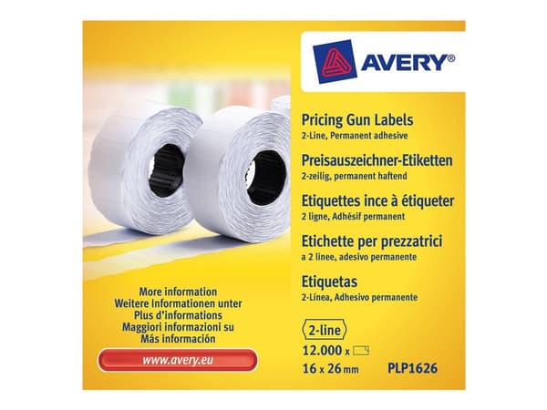 Etikett avery, for prislapppistol, 2 linjer, 26 x 16 mm, hvit, 10 ruller