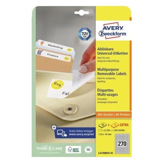 Avery - Fjernbart adhesiv - hvit - 17.8 x 10 mm 6750 etikett(er) (25 ark x 270) merkelapper