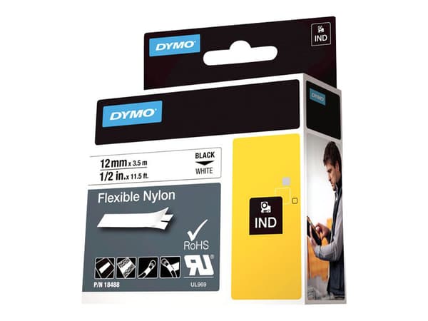 DYMO IND Flexibel nylon - 12 mm x 3,5 m BW, Musta valkoisella, Nailon, 3,5 m, Laatikko, 1,2 cm