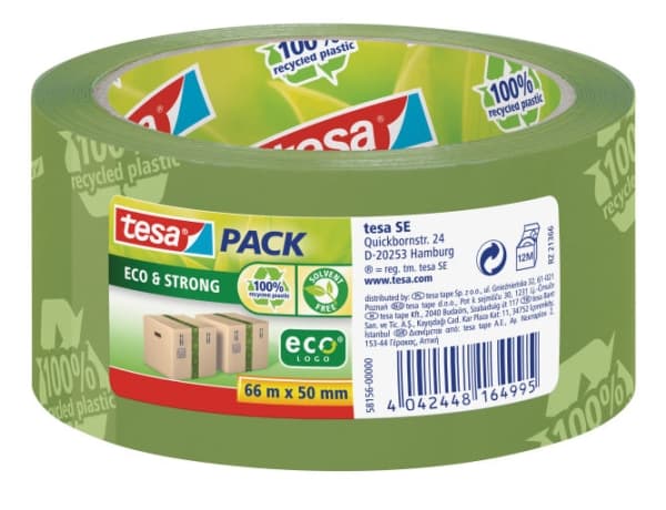 Förpackningstejp tesa eco &amp; strong, pp, 50 mm x 66 m, grön med tryck, 1 rulle