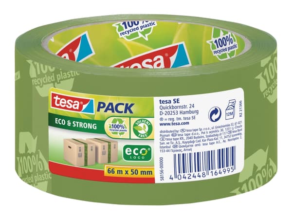 Förpackningstejp tesa eco &amp; strong, pp, 50 mm x 66 m, grön med tryck, 1 rulle
