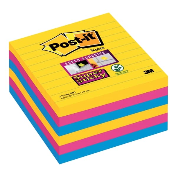 Post-it® Super Sticky Large Notes Carnival, 6 linjerede blokke, 101mm x 101mm