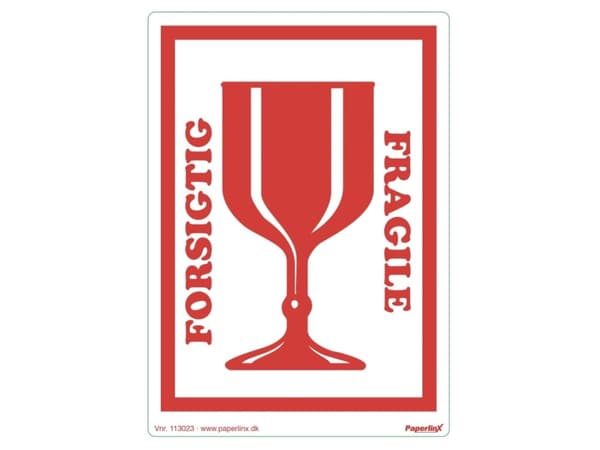 Etiketter selvklæbende tryk: Forsigtig/Fragile 150x210mm 250stk/rul