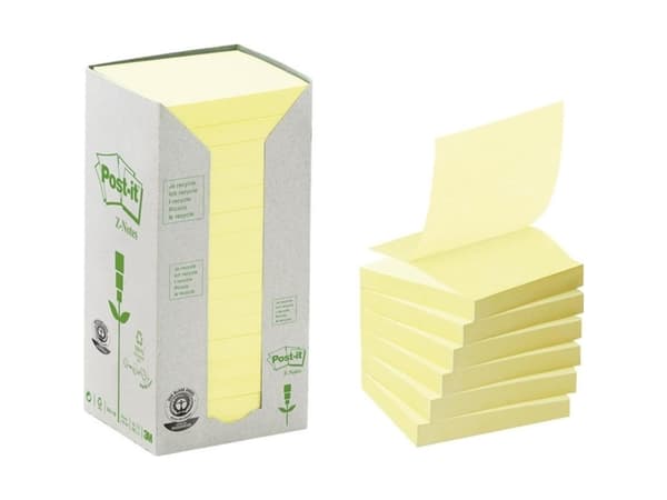 Post-it® Recycled Z-Notes, Canary Yellow™, 16 blokke, 76 mm x 76 mm