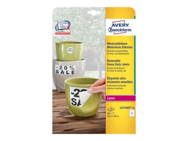 Etiketter avery, sterk, 99,1 x 139 mm, eske à 80 stk.