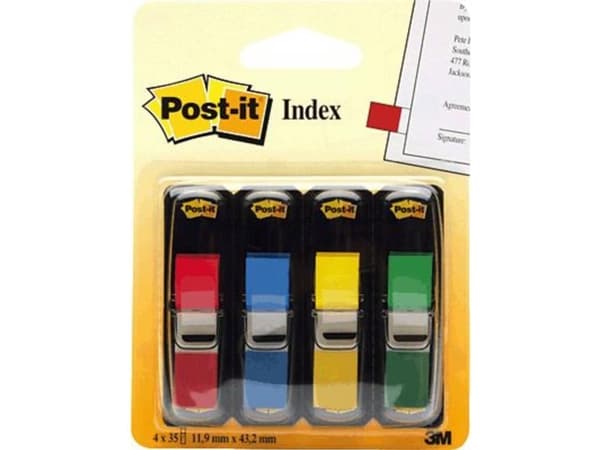 Post-it® Index små flaggor, 4 assorterade färger, 4 block och 35 ark