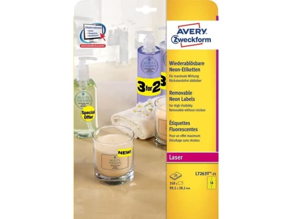 Avery High Visibility Labels - Permanet adhesiv - neongul - 99.1 x 38.1 mm 350 etikett(er) (25 ark x 14) merkelapper