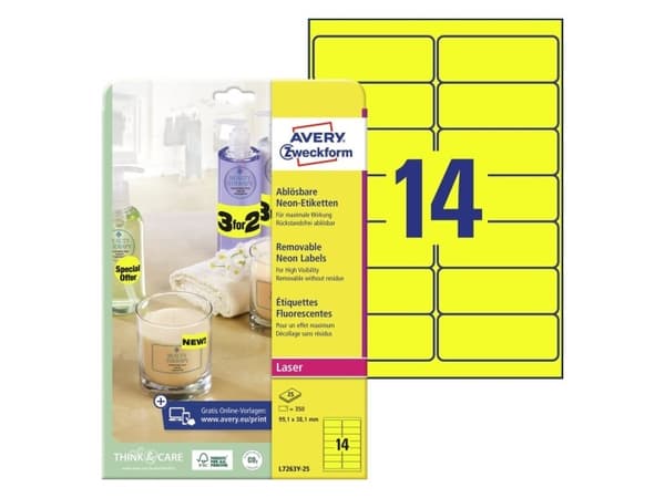 Avery High Visibility Labels - Permanet adhesiv - neongul - 99.1 x 38.1 mm 350 etikett(er) (25 ark x 14) merkelapper
