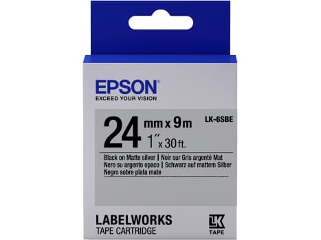 Epson LabelWorks LK-6SBE - Svart på matt sølv - Rull (2,4 cm x 9 m) 1 kassett(er) merketape - for LabelWorks LW-1000, LW-600, LW-700, LW-900, LW-Z500