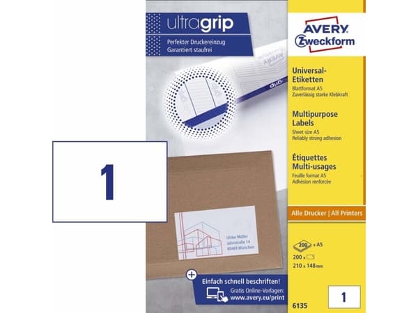 Avery 6135, Vit, Rektangel, Permanent, A5, Universal, papper