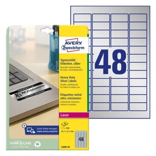 Avery Heavy Duty Laser Labels - Polyester - sølv - 45.7 x 21.2 mm 960 etikett(er) (20 ark x 48) merkelapper