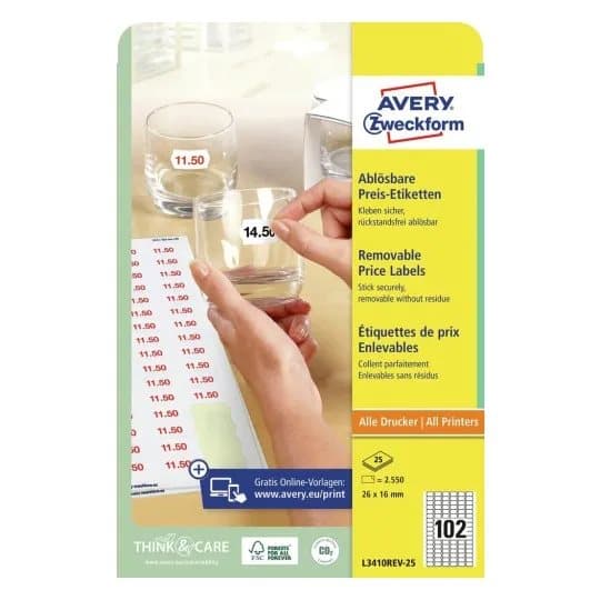 Etiket avery, printbar prismærkning, 26 x 16 mm, hvit, pakke a 25 ark
