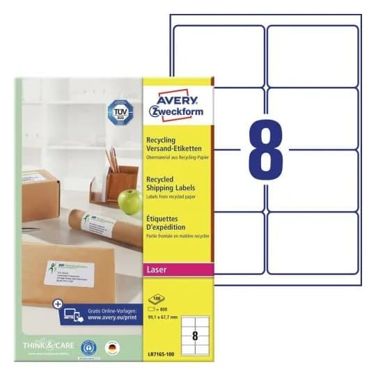 Avery QuickPEEL Recycled Labels - Permanet adhesiv - naturlig hvitt - 67.7 x 99.1 mm 800 etikett(er) (100 ark x 8) adresselapper