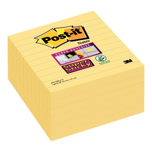 Post-it® Super Sticky Large Notes, Canary Yellow™, 6 linj. blokke, 101mm x 101mm