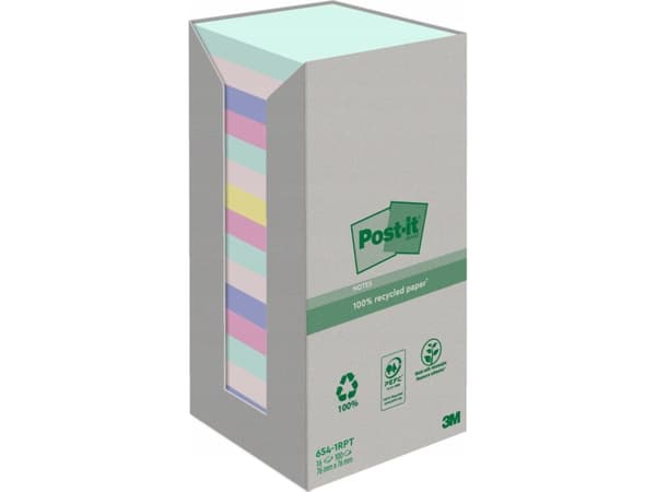 Post-it 654-1RPT - Anteckningar - 76 x 76 mm - 1600 ark (16 x 100) - blå, grön, ljusgrön, grå