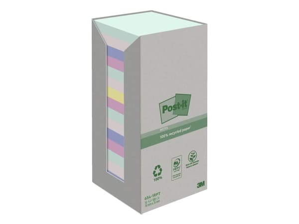 Post-it 654-1RPT - Anteckningar - 76 x 76 mm - 1600 ark (16 x 100) - blå, grön, ljusgrön, grå
