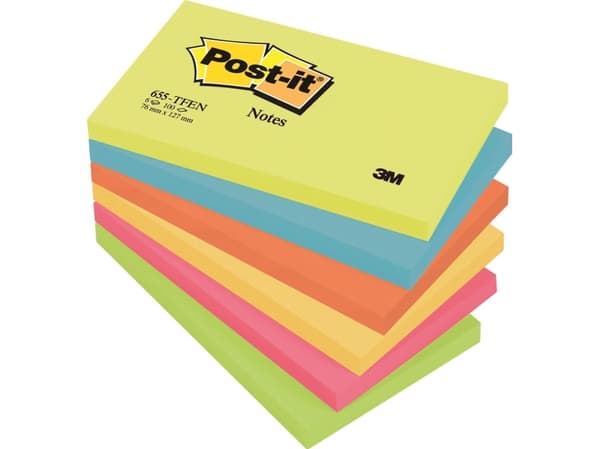 Post-it® Notes Energetic-farver, 6 blokke, 76 mm x 127 mm, 100 ark pr. blok